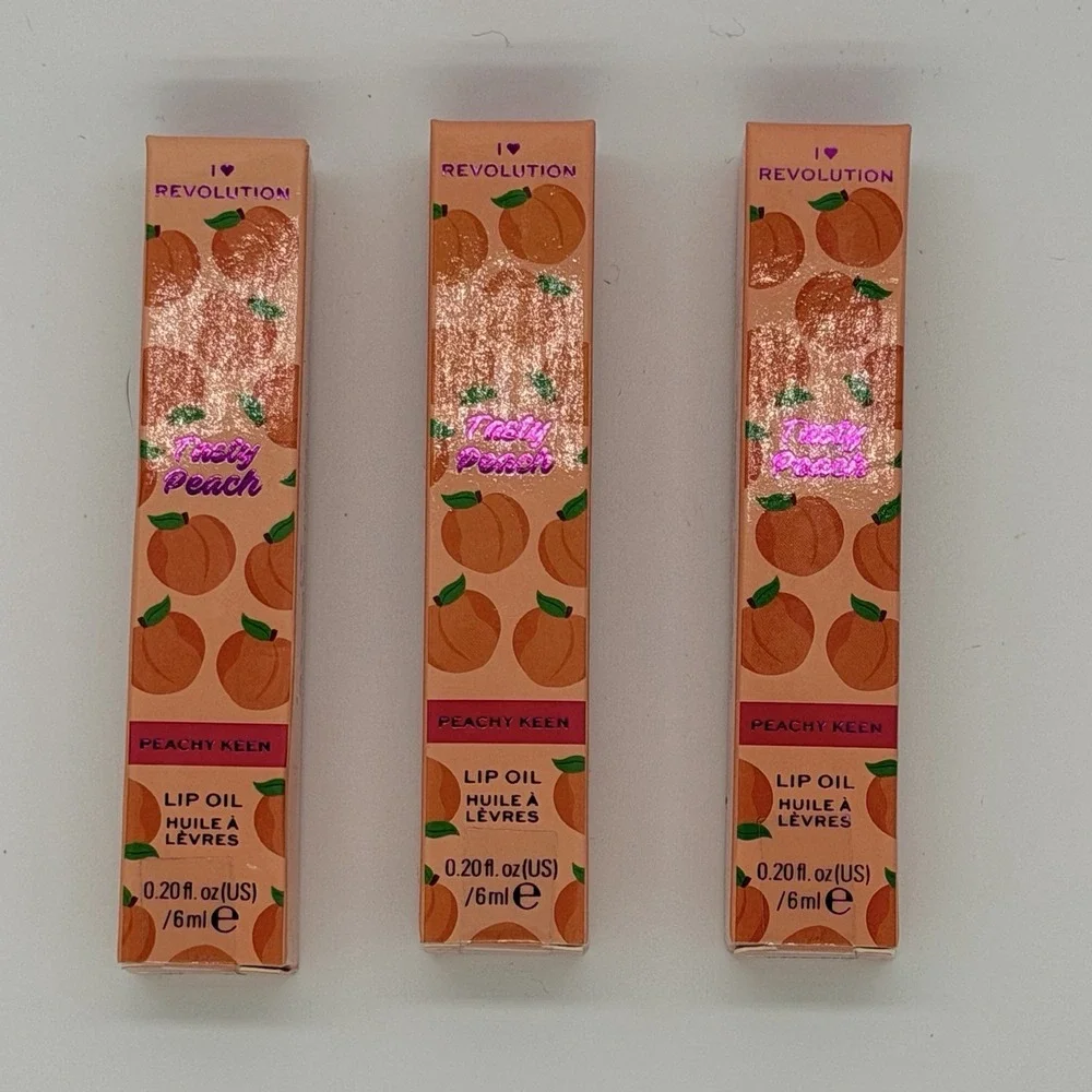 3 Pack Revolution Tasty Peach Lip Oil Gloss Peachy Keen Pink Fruit Scented